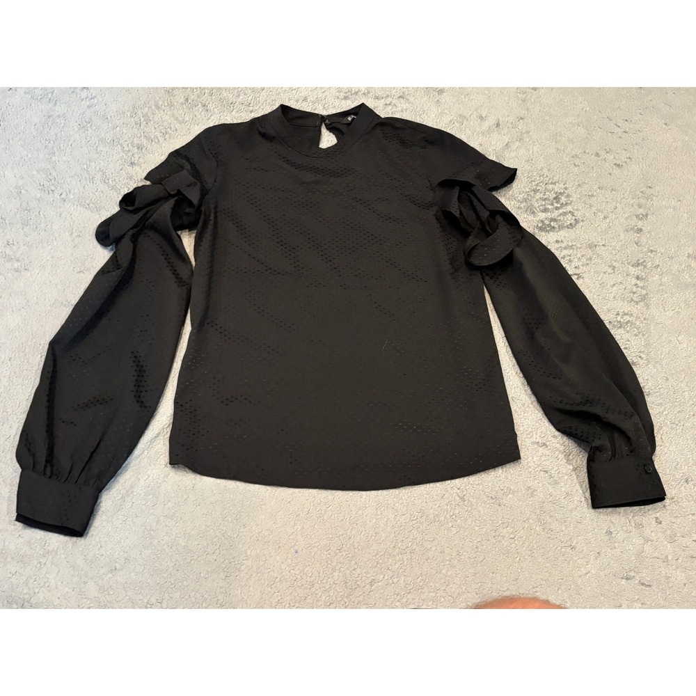 Express Womens Black Ruffle Shoulder Mock Neck Clip Dot Blouse Size XS